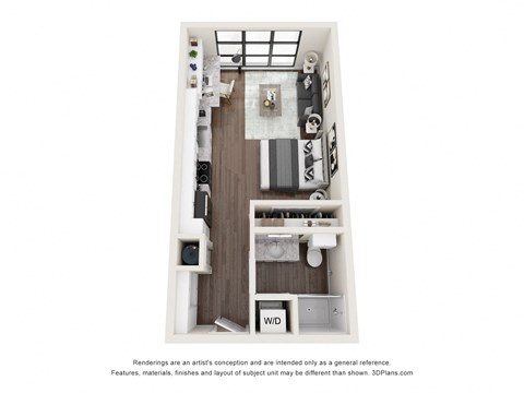 Floor plan for studio, 1 bath, 496 sqft